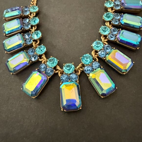J Crew Statement Necklace Iridescent Blue Turquoise Crystal Stones Gold Adjustab - Picture 13 of 16